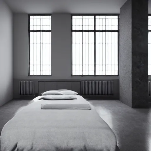 Prompt: brutalist bedroom, big windows, minimalist architecture, minimalist furniture, octane render, high quality, 8 k, post production