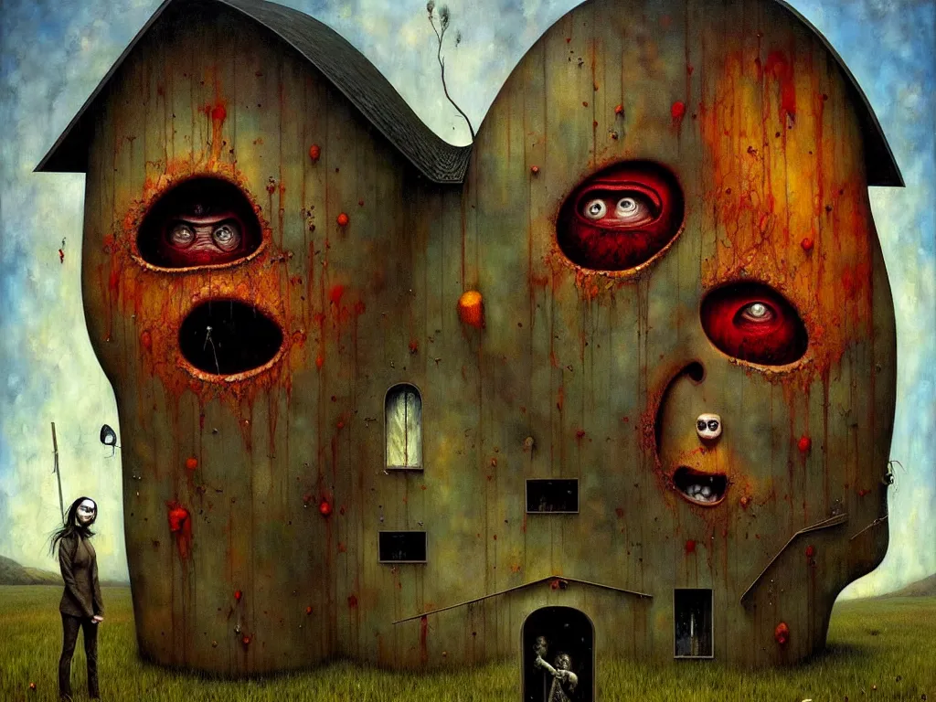 Image similar to an epic acrylic painting with a house shaped like an uncanny face, by esao andrews, surreal, dark, creepy, horror, soft textures, oil on canvas
