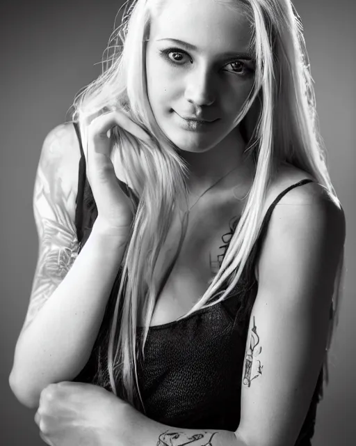 Prompt: 35mm macro photograph Beautiful young woman with long blonde hair, flirting expression, wearing a camisole, vibrant high contrast, octane, arney freytag, Fashion photo shoot,, glamorous, tattoos,shot in the photo studio, backlit, rim lighting, 8k