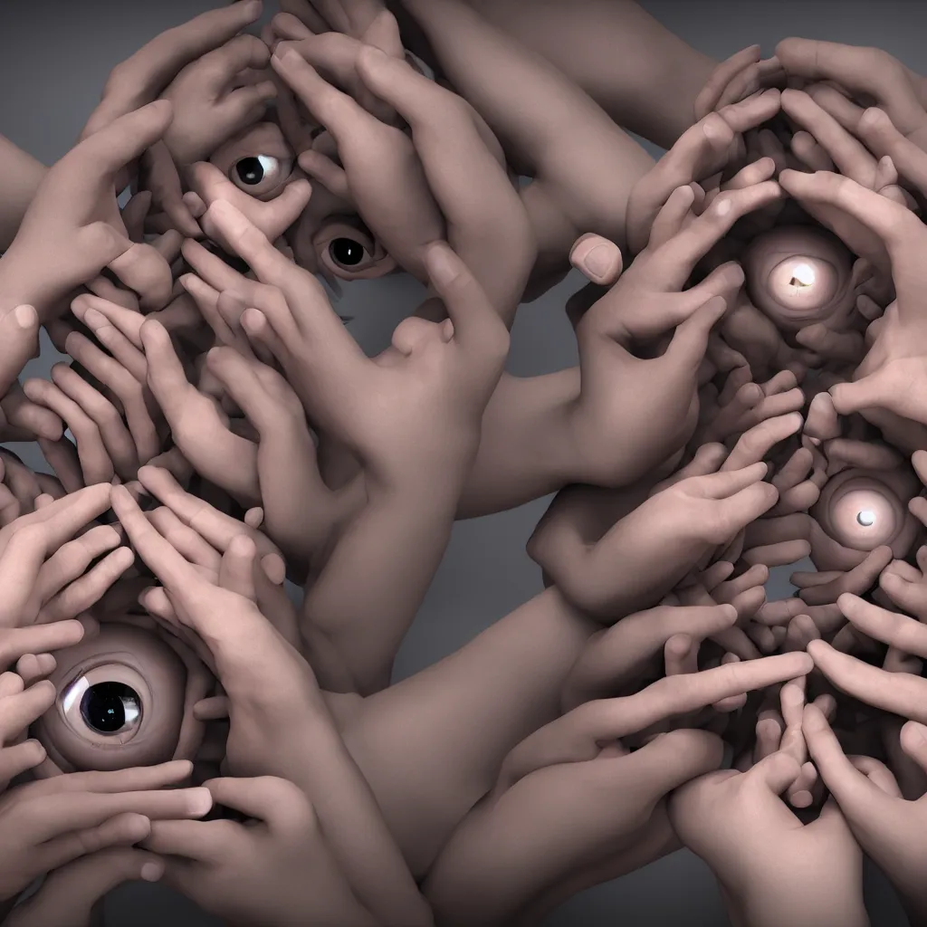 Prompt: hands holding dozens of human eyeballs, octane render, photo realistic, hyper realistic, 8 k resoluton in the style of alvin schwartz