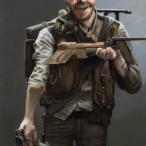 Image similar to portrait painting of smiling simon pegg with a rifle, ultra realistic, concept art, intricate details, eerie, highly detailed, photorealistic, octane render, 8 k, unreal engine. art by artgerm and greg rutkowski and alphonse mucha