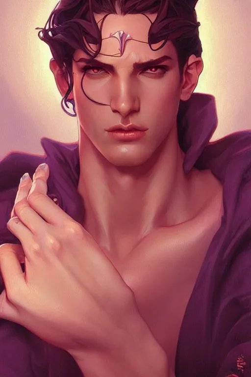 Prompt: a beautiful male tiefling, highly detailed, digital painting, artstation, concept art, smooth, sharp focus, illustration, art by artgerm and alphonse mucha, high definition digital art, in the style of ross tran and ilya kuvshinov