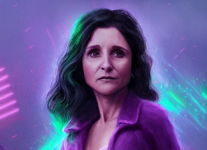 Image similar to beautiful Julia Louis-Dreyfus, blade runner 2049, long flowing hair, trending on artstation, unreal engine, purple neon, green rain, matte painting