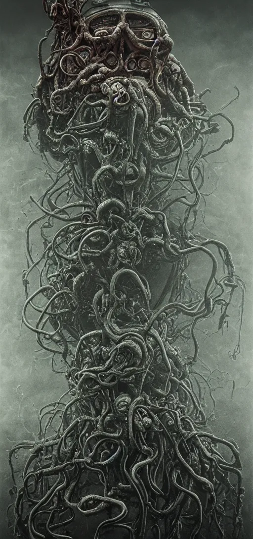 Image similar to thomas the tank engine in style of zdzisław beksinski, extremely dramatic lighting, 8 k, tendrils, black, darkness, black slime tendrils, infected, rust, body horror, thomas the train, thomas the tank engine face, horror,