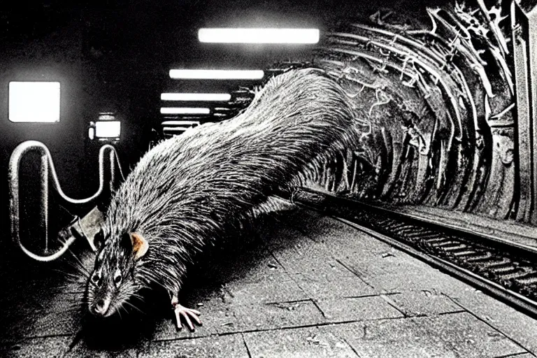 Prompt: very large giant mutant zombie irradiated ( angry rat ) staying on railways in tonnel of moscow subway. tonnel, railways, giant angry rat, furr, fangs, claws, very realistic. extreme long shot, 1 6 mm, herman nitsch and herman nitsch, giger.