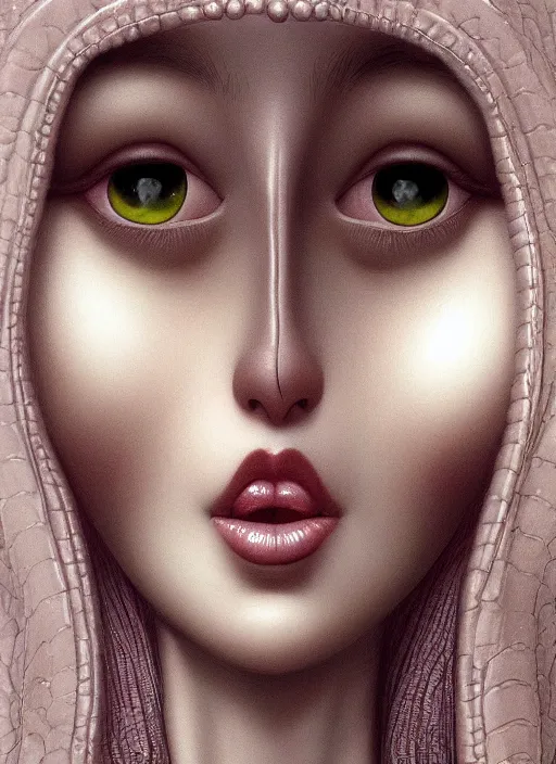 Image similar to closeup portrait a beautiful woman, moebius : 1 0, mark ryden : 5, popovy sisters : 1 0, intricate, hyperdetailed, bjd, trending on artstation : 3