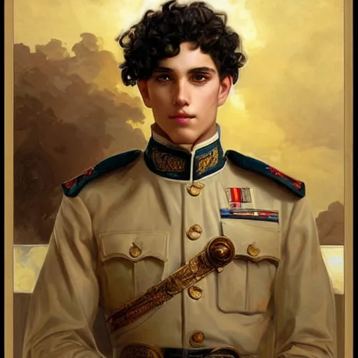 Prompt: a young man with short curly brown hair and a thoughtful expression. he wears a white military uniform and a wooden crown. he is the emperor. beautiful painting with highly detailed face by artgerm and greg rutkowski and alphonse mucha