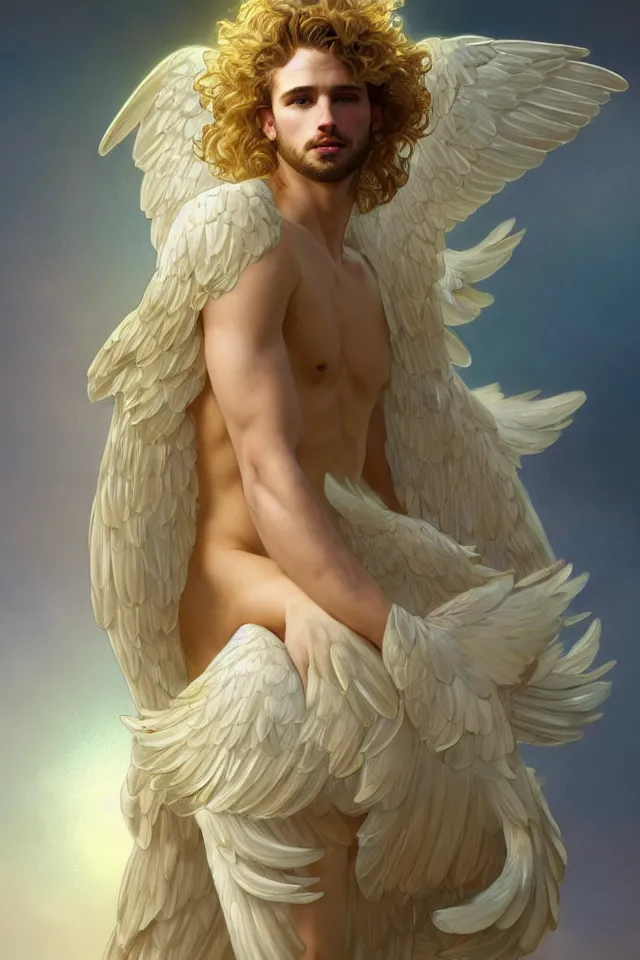 Image similar to fullbody portrait of a beautiful young fit male angel with curly blond hairs, full dressed in long fluent clothes, majestic big dove wings, luminous halo, by greg rutkowski and alphonse mucha, gradient white to gold, in front of an iridescent background, highly detailed portrait, digital painting, artstation, concept art, smooth, sharp focus illustration