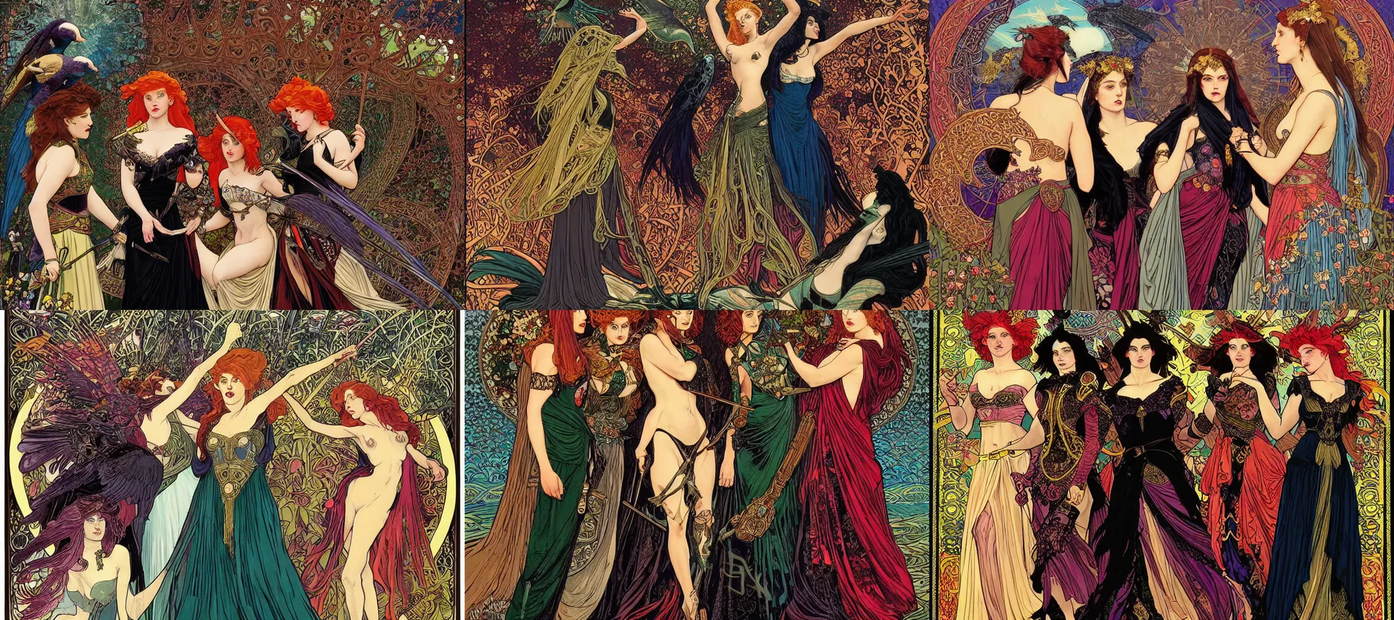 Prompt: a fine art painting of the Badb or Morrigan, the three irish celtic godesses of war and battle in black dresses, one is a redhead, one is a brunette, one is blond, surrounded by a murder of crows, celtic fantasy, painting by dan mumford and jim fitzpatrick, by Alphonse Mucha, detailed, colorful