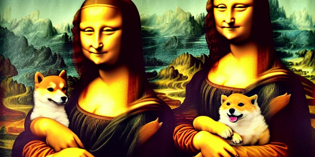 Prompt: leonardo da vinci's 《 mona lisa 》 holding a shiba inu ， oil painting, by leonardo da vinci