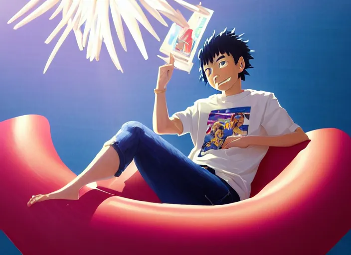 Prompt: closeup portrait of kyoka jiro from my hero academia relaxing in jeans and a t - shirt on a floating pool chair, sunny, bright, reflections, intricate, sharp focus, lens flare, bloom, illustration, highly detailed, digital painting, concept art, matte, art by ruan jia and wlop and greg rutkowski, masterpiece