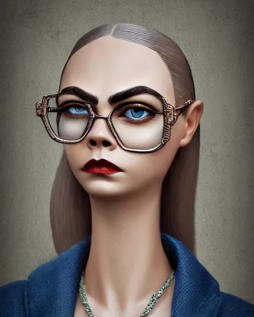 Image similar to closeup face profile portrait of cara delevingne as a tin toy fbi agent, bikini, depth of field, zeiss lens, detailed and intricate environment, fashion photoshoot by nicoletta ceccoli, mark ryden, lostfish, breathtaking, 8 k resolution, artistic, hyperrealistic, octane render
