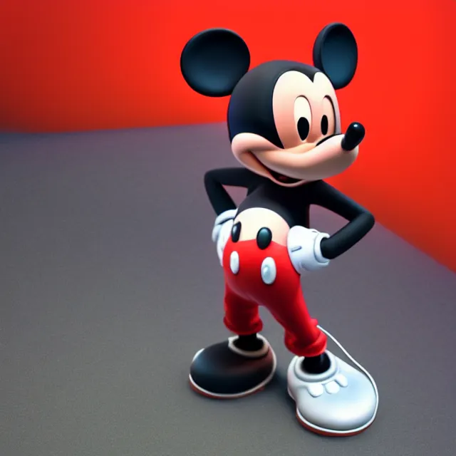 Image similar to ultra realistic mickey mouse in the style of balenciaga, dark cinematic, volumetric, realistic, 3 d render, cinematic lighting, ray tracing, cinematic, unreal engine 5, unreal engine render, octane render, hyper realistic, photo, 8 k