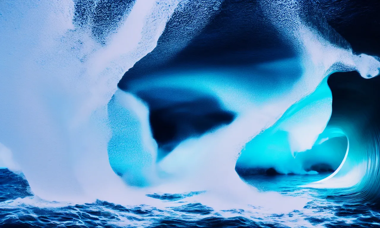 Prompt: speeding yacht speeding and breaking wave inside giant wave tunnel, by national geographic blue earth, high speed photography, refractions, nazare (portugal), artstation, octane render, 4k, moody colors, award winning photography, detailed, atmospheric lighting, volumetric lighting, concept art