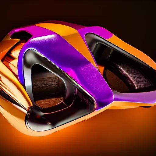 Prompt: award winning product photography, 3 5 mm lens, of a glossy orange metallic and shiny purple metallic shiny ergonomic hololens as off bugatti cheyvron, holographic display lenses, studio lighting,
