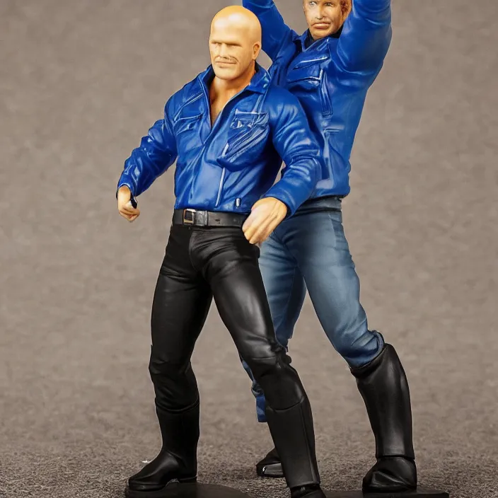 Image similar to a goodsmile figure of steve austin. a small, tight, undersized reflective bright blue round puffer jacket made of nylon. a black shirt underneath. dark jeans pants. a pair of big black rubber boots, figurine, detailed product photo