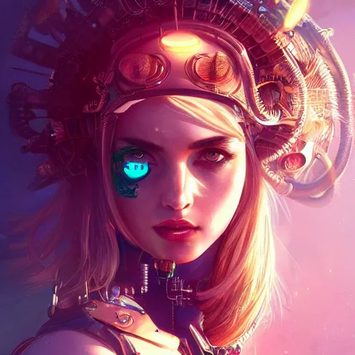 Prompt: portrait futuristic ana de armas steampunk half - cyborg cowgirl, neon light rooftop, fantasy, intricate and very very beautiful and elegant, highly detailed, digital painting, artstation, concept art, smooth and sharp focus, illustration, art by tan zi and ayanamikodon and alphonse mucha and wlop
