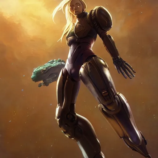 Image similar to samus, posing heroically, heavenly, full body, close-up shot, elegant, realistic character concept, high fantasy, light atmosphere, golden ratio, cinematic lighting, hyperdetailed, high resolution, insanely detailed and intricate, artstation, Marc Simonetti, Greg Rutkowski, octane render, 8k