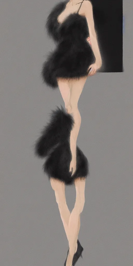 Image similar to full body aesthetic digital illustration of a beautiful young woman walking a runway in a furry little black dress, by wlop and Julia Razumova, realistic, photorealistic, cosplay, octane, deviantArt, trending on artstation, artstation HQ