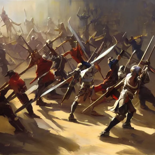 Prompt: greg manchess portrait painting of people stripping over a pile of swords in an arena, medium shot, asymmetrical, profile picture, organic painting, sunny day, matte painting, bold shapes, hard edges, street art, trending on artstation, by huang guangjian, gil elvgren, ruan jia, randy vargas, greg rutkowski