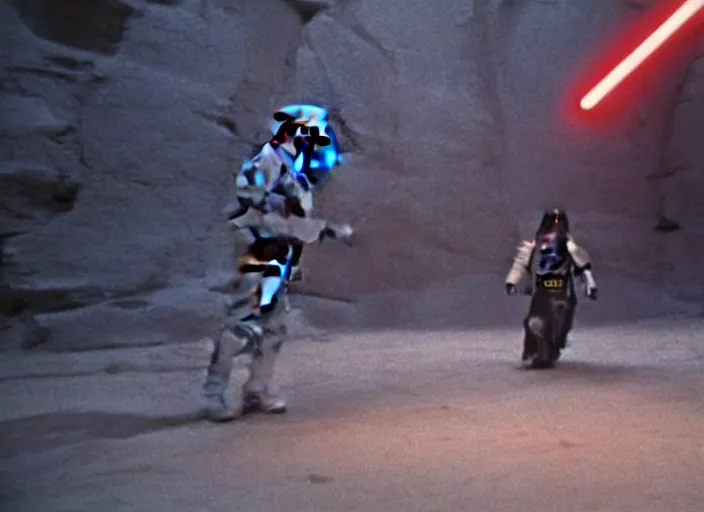 Image similar to screenshot from the iconic scene from the lost star wars 1980s film directed by Stanley Kubrick, cinematic lighting, unsettling set design with extreme detail, moody cinematography, with anamorphic lenses, crisp, detailed, 4k image