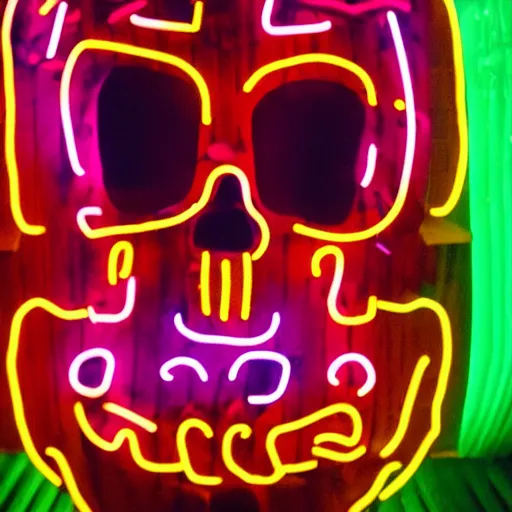 Prompt: of a neon skeleton with tiki mask and red fiery eyes