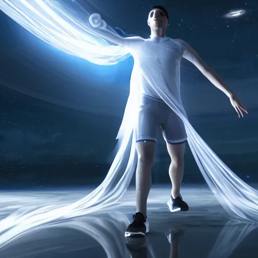 Image similar to a wide shot of an athletic beautiful young male with his whole body covered by a 1 0 meter long translucent iridiscent veil, floating dramatically in space, the veil moves with the wind, beautifull cosmic light, realistic detailed, unreal engine 5 digital art