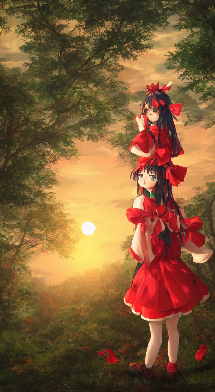 Prompt: a full portrait of Reimu Hakurei from Touhou Project looking on sunset in the forest, highly detailed, 8k, illustration