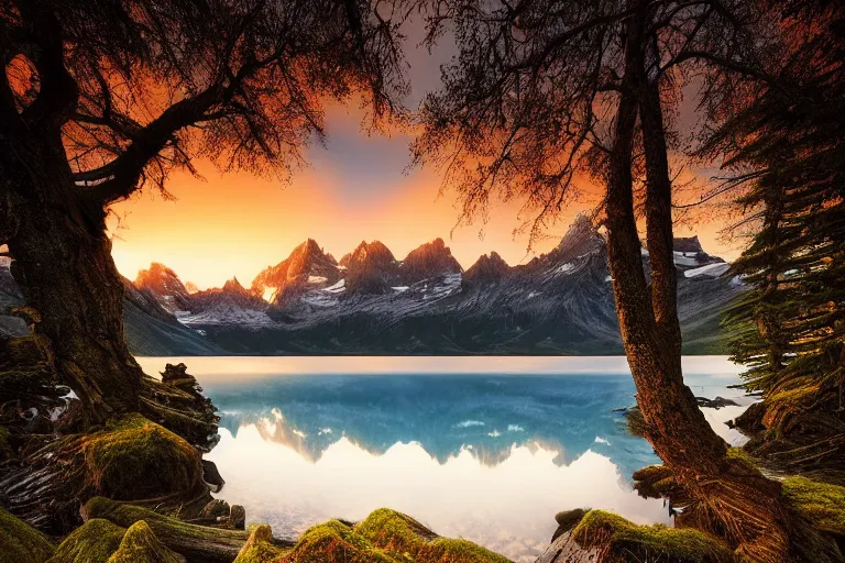 Image similar to landscape photography by marc adamus, mountains, a lake, dramatic lighting, mountains, a tree in the foreground