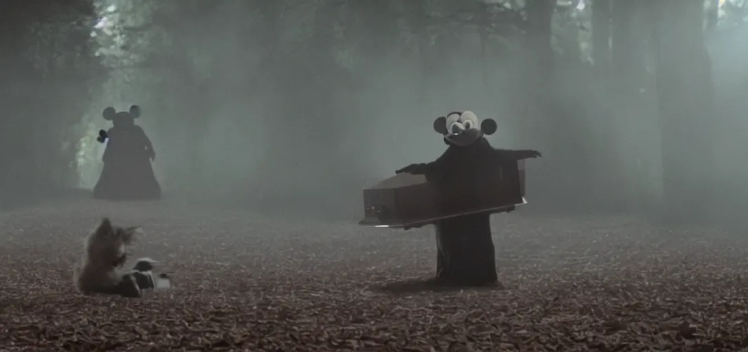 Image similar to prince of darkness as mickey mouse waking from his coffin, foggy, cinematic shot, photo still from movie by denis villeneuve, wayne barlowe