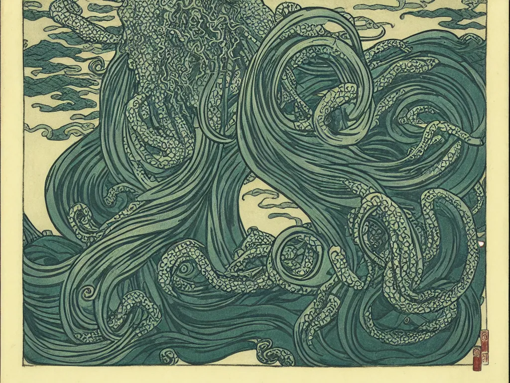 Image similar to portrait of a cthulhu by hokusai