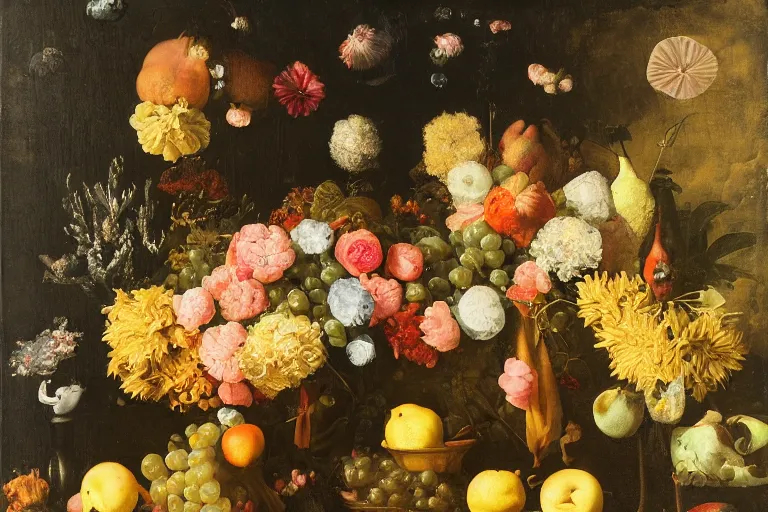 Prompt: underwater still life with flowers and fruit in the style of the dutch masters, dark and moody