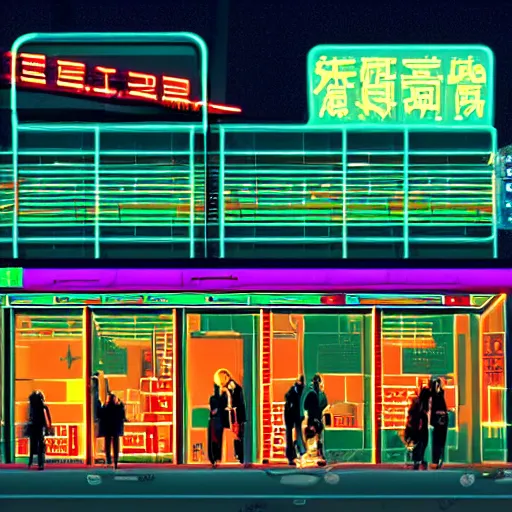 Prompt: cyberpunk street corner at night with neon signs in chinese, a McDonald's restaurant, people walking the street in the style of Edward Hopper