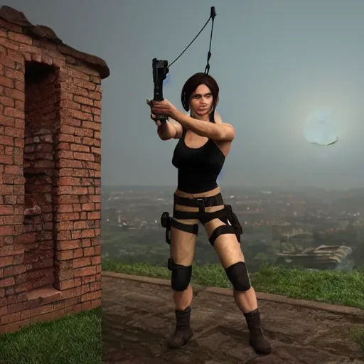 Image similar to a woman that looks similar to lara croft leaning against a brick wall. She is on the right side of the image, you can see the left side of her body. The scene is at night, lit by the moon. It feels like the scene is in some sort of super realistic virtual reality simulation. You can see the city behind her, everything feels like super advanced cgi graphics with ray tracing. Trending on artstation