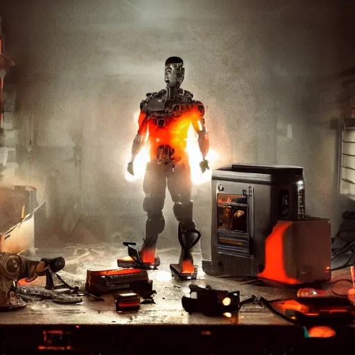 Image similar to cyborg with toaster oven chest, dark messy smoke - filled cluttered workshop, dark, dramatic lighting, orange tint, sparks, cinematic, highly detailed, sci - fi, futuristic, movie still