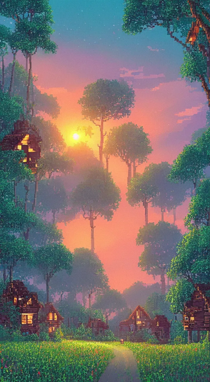 Image similar to a dreamy sunset in the big forest with houses in pixelart style, highly detailed, illustration