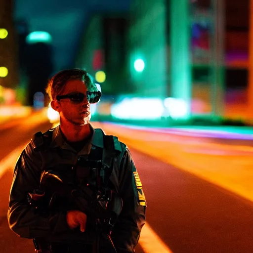 Image similar to biolumenescent, glowing, glow - in - the - dark fbi agent on road at night