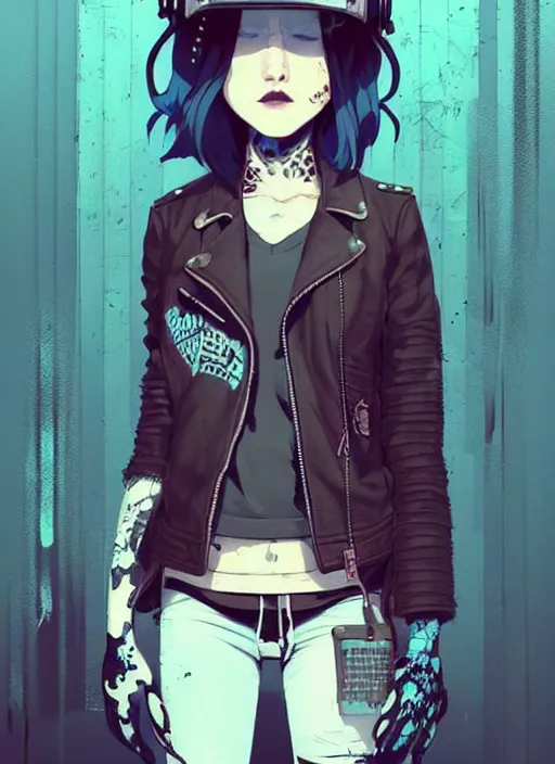 Image similar to highly detailed portrait of a sewer punk lady student, blue eyes, leather jacket, white hair by atey ghailan, by greg rutkowski, by greg tocchini, by james gilleard, by joe fenton, by kaethe butcher, gradient blue, black, brown and cyan color scheme, grunge aesthetic!!! ( ( graffiti tag wall background ) )