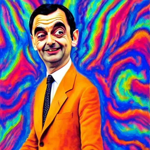 Prompt: psychedelic painting of mr bean floating in space