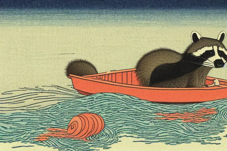 Prompt: raccoon in kimano swims floats on a boat on the waves, Hasui Kawase