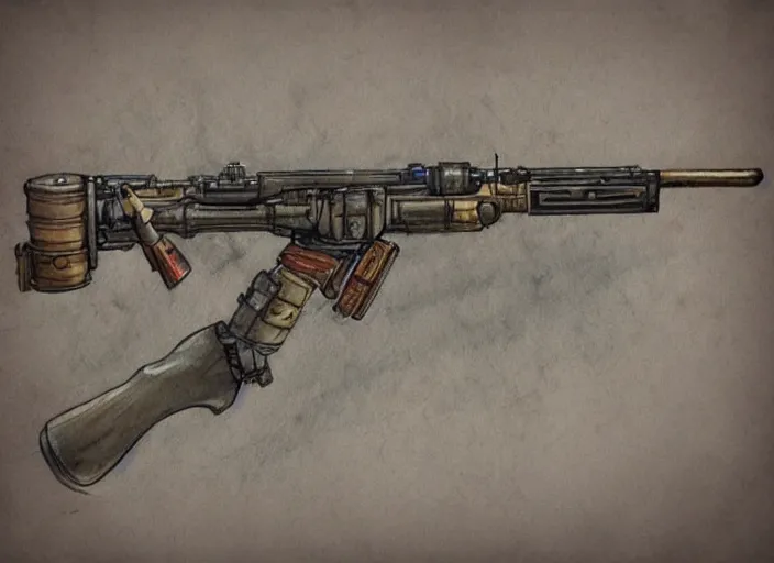 Prompt: concept art of a rifle futuristic weapon, fantasy, steampunk, pinterest, artstation trending, behance, watercolor, by coby whitmore, silver, laser light,