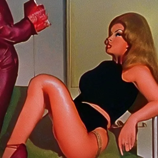 Prompt: Still from a Russ Meyer film about a woman and her friend, an anthropomorphic tooth, color 1970