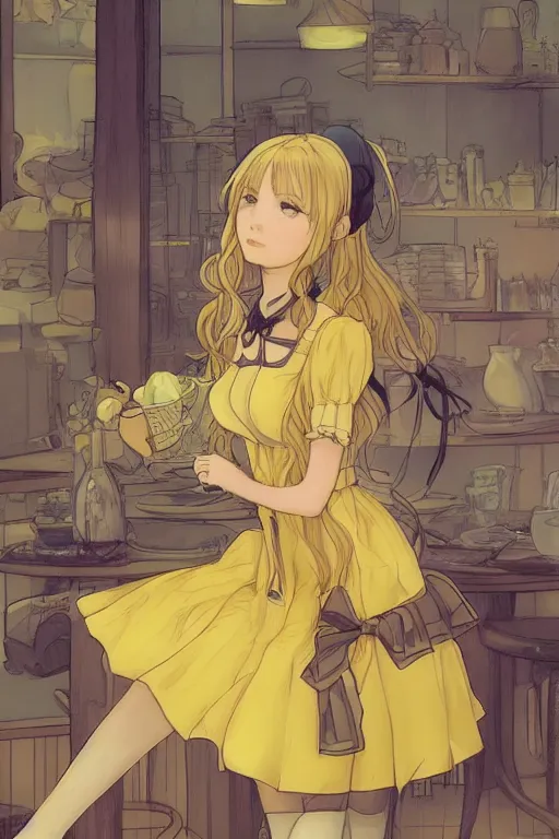 Prompt: A girl in a maid's outfit in a cafe a afternoon, wavy hair yellow theme,S line,45 angel by krenz cushart and mucha and akihito yoshida ,nier:automata inspired.