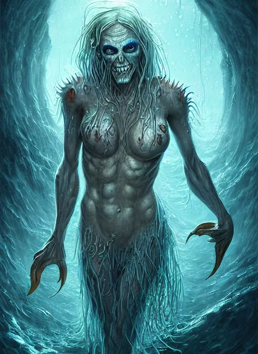 Prompt: digital painting of a wet undead merfolk, with pale skin, long freaky fingers, by filipe pagliuso and justin gerard, fantasy, highly detailed, realistic, intricate, glowing eyes