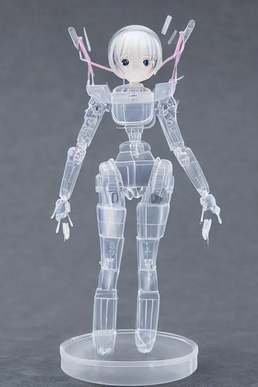 Prompt: a intricate anime figurine that looks like a transparent plastic robot with fog all around,