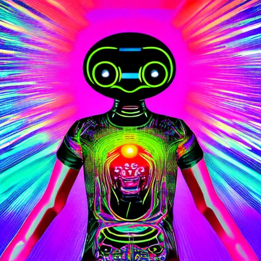 Prompt: fashion photo of a black tshirt with a hyperdetailed portrait of a futuristic trippy cute meditating robot, 8 k, symetrical, fluorescent colors, halluzinogenic, multicolored tshirt art,