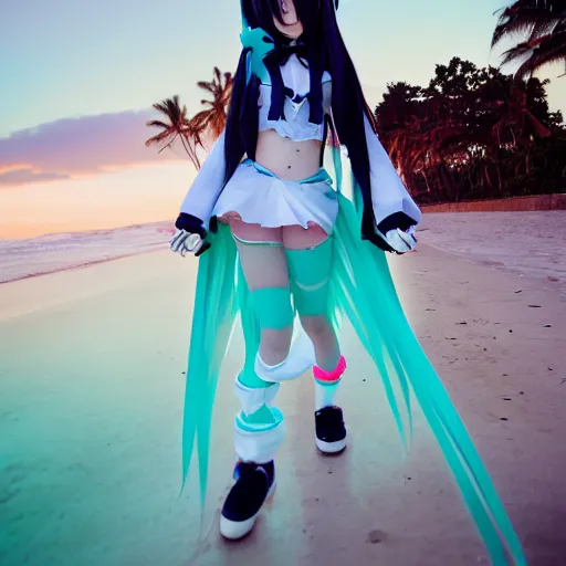 Image similar to photo of hatsune miku cosplayer takes a walk on late evening beach, f 2,4