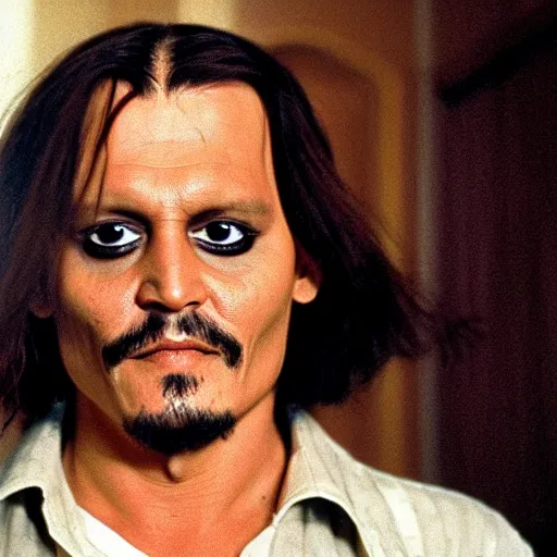 Prompt: Johnny Depp says Here\'s Johnny in The Shining