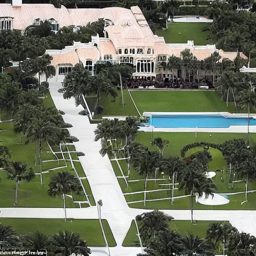 Image similar to mar-a-lago being raided by fbi agents in windbreakers, high detail, dark