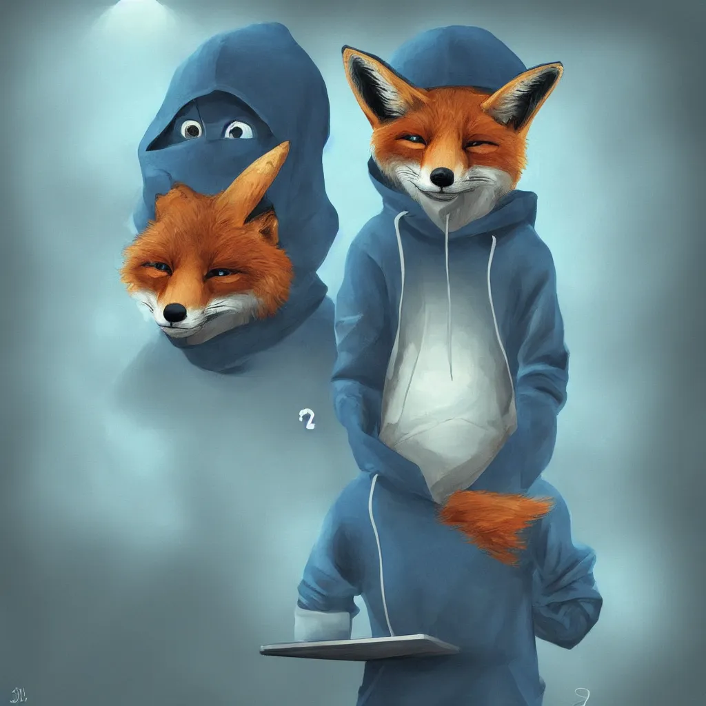 Image similar to an anthropomorphic fox in a blue hoodie typing on a keyboard, dark tones, concept art, digital art, highly detailed